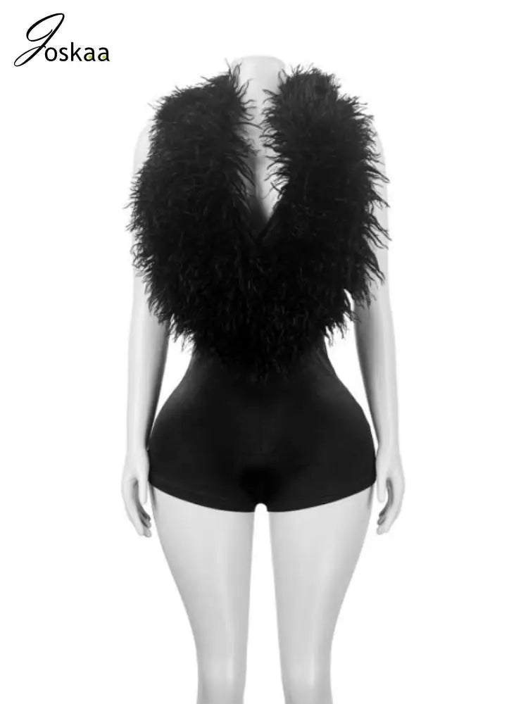 Joskaa 2025 Summer Women's Sexy Faux Fur Patchwork Halter Deep V Backless Skinny Playsuits Holiday Midnight Club Rompers S-XXL