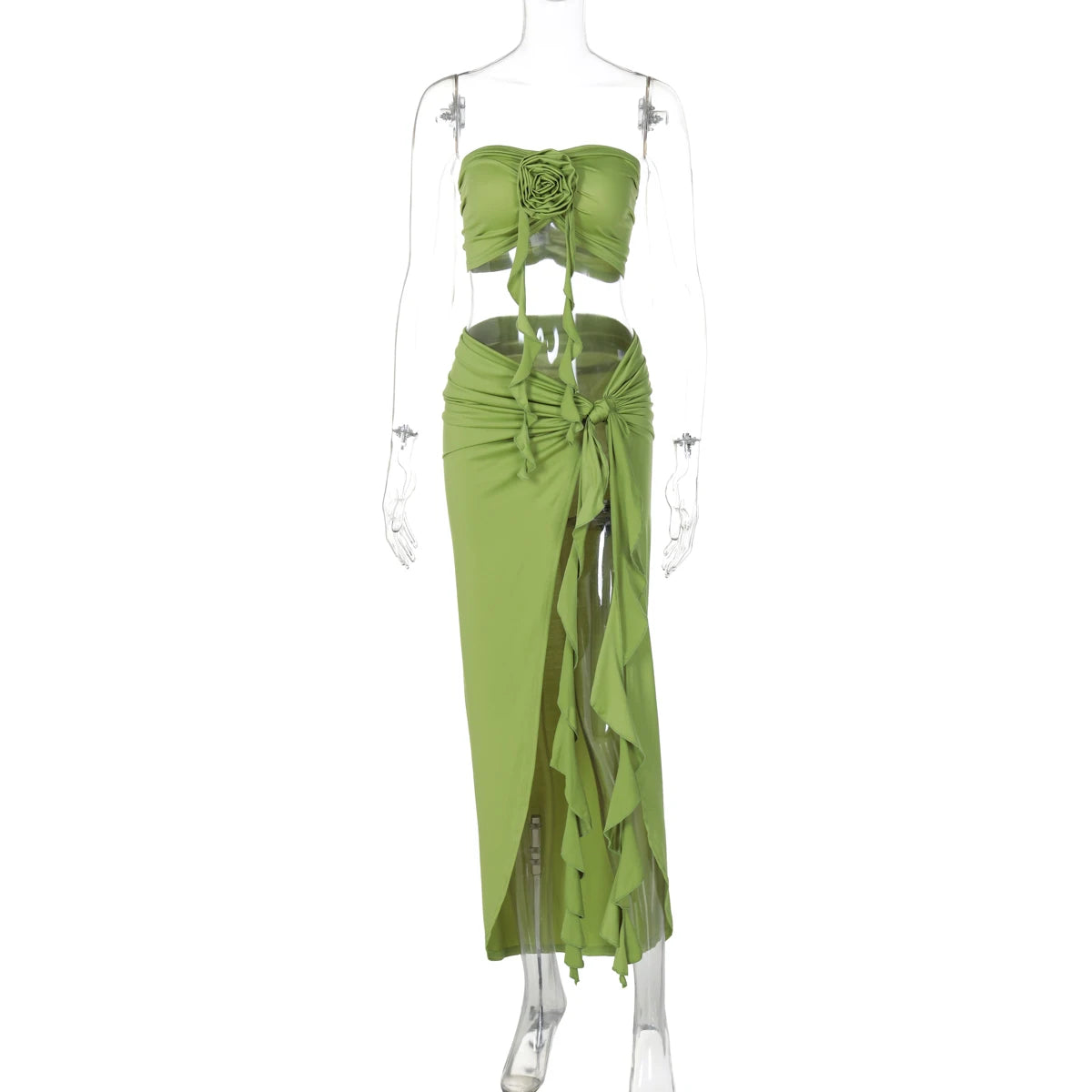 Hugcitar Fashion 2 Pcs Sets Strapless Tie Flower Draped Sexy Crop Tank Top Slit Tassel Maxi Skirt Women Outfit Festival Party