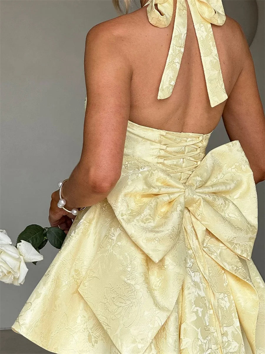 Women Halter Neck Short Dress Summer Jacquard Big Bow Backless Bandage Elegant Evening Party Dresses for Cocktail Prom Wedding