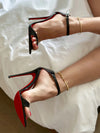 Customized one-piece buckle with slim heel high heels for summer 2025, new pointed toe exposed toe red sole fashion sandals