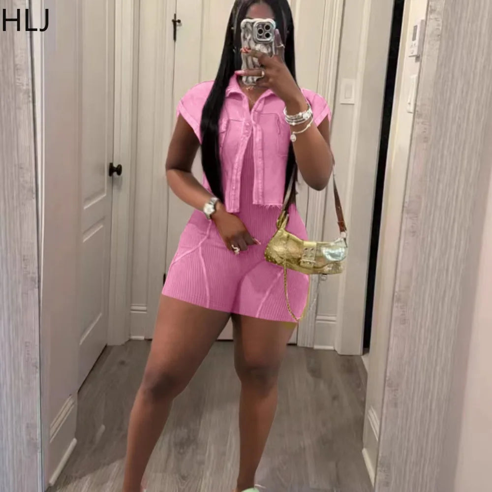 HLJ High Quality Women's Shorts Outfits Cotton Crop Jacket+Bodysuits 2 Piece Set Casual Vintage Two Piece Set Women's Spring New