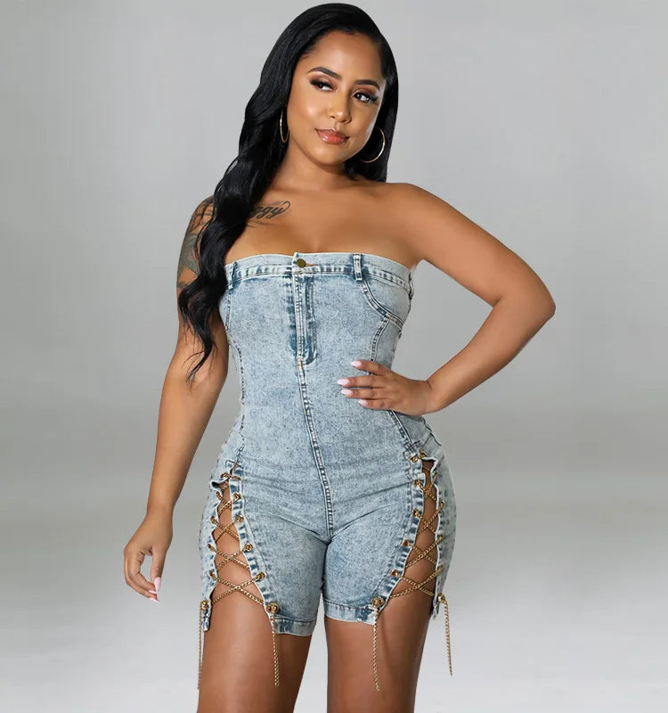 Rompers Women One Piece Elegant Splice Denim Jumpsuits Sexy Slim Fit Strapless Sleeveless Short Pants Sheath Playsuits
