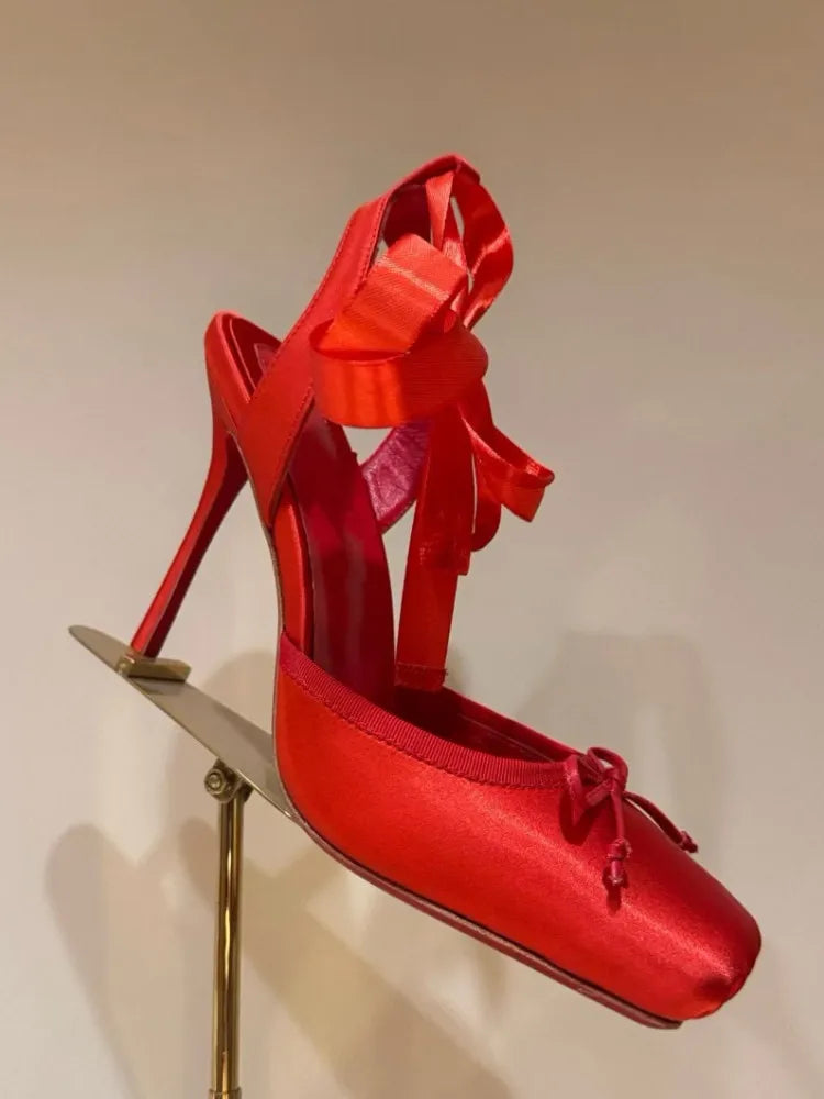 Ladies' New Summer Square Satin High-heeled Sandals with Ankle Straps, Fashionable Party and Banquet Ballet High-heeled Shoes