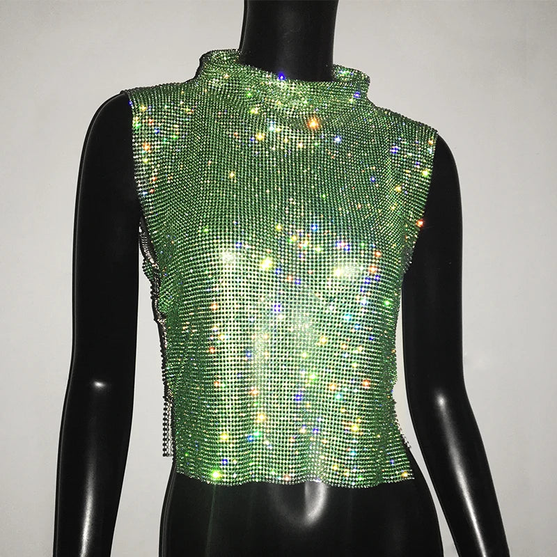 Sexy Rhinestone Backless Party Crop Top Women Glitter Turtleneck TShirt Adjustable Metal Chain Summer Nightculb Diamond Tank Top