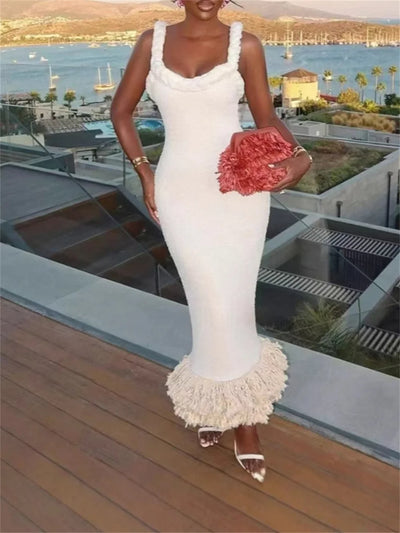 Fashion Yellow Tassel Knitted Sling Midi Dress for Women 2024 Sexy Backless Sleeveless Summer Beach Party Lady Robes
