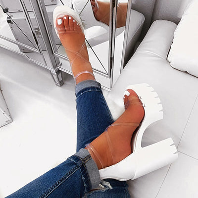 Women'S Fashionable Sandals Heels Asymmetric Transparent Strap Design Thick Heels Zipper Waterproof Platform High Heels Sandals