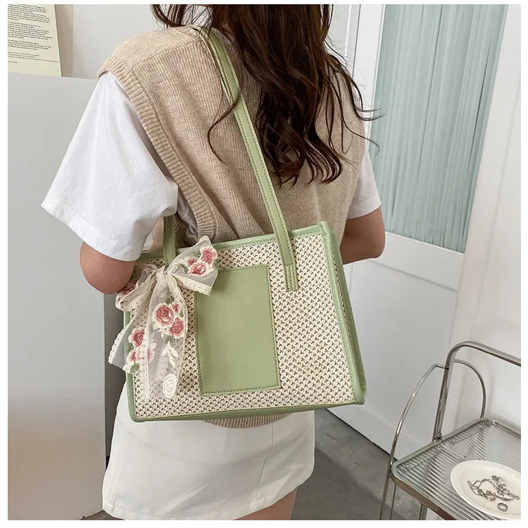 Trendy Lightweight Casual Bow Decor Straw Bag Hollow Out Knitted Flower Tote Bag Large Capacity Shoulder Bag For Teen Girl Women