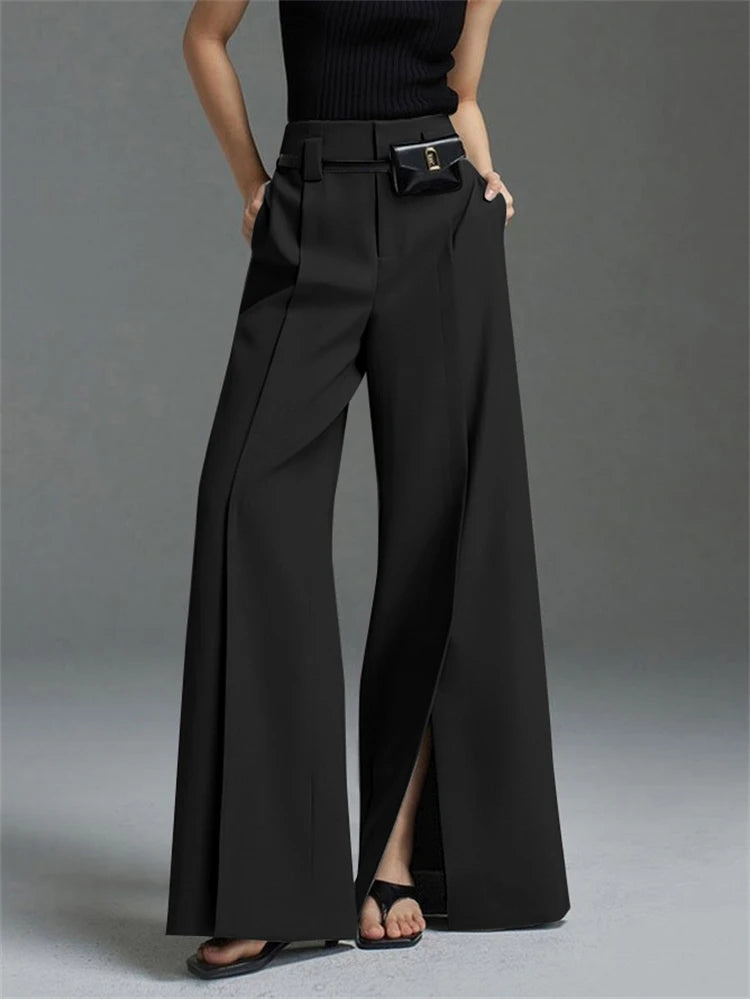 Yeezzi Urban Female Suit Pants 2025 New Fashion Black White Color Loose Straight Pant High-Waisted Pleated Split-Front Trousers