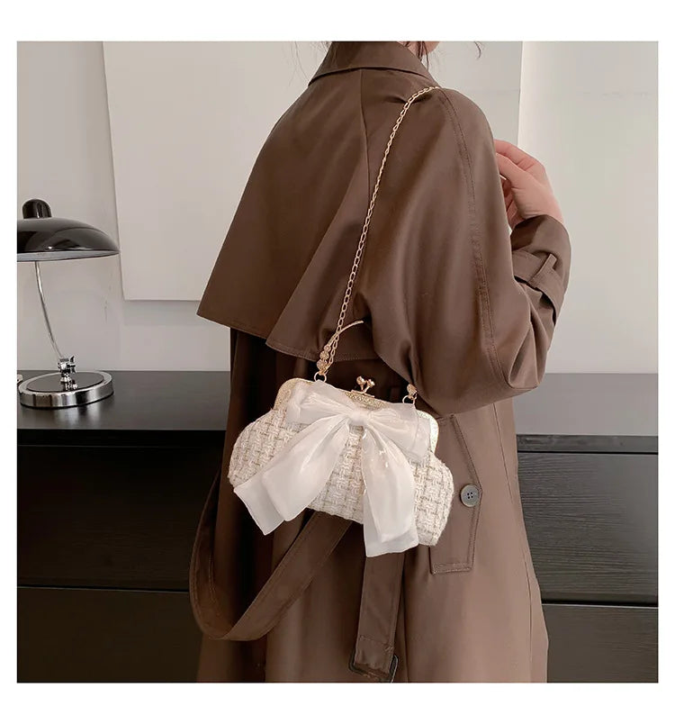 Glittering Chain Plaid Pattern Evening Bag For Women Bow Decor Shoulder Bag, Fashionable Elegant Clutch, Women‘s Crossbody Bag