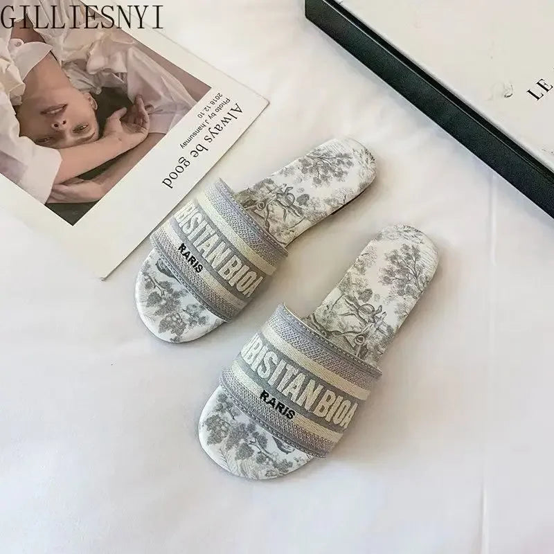2024 Letter Slippers Fashion Flat Woman Single Shoes Casual Shoes Female Outer Wear Letter Sandals Women's Shoes Flat