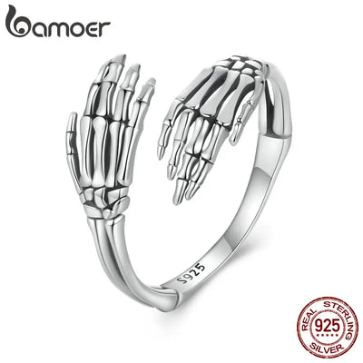 BAMOER Genuine 925 Sterling Silver Vintage Hug Hand Open Ring for Women Retro Finger Ring Fine Jewelry Birthday Gift BSR608-E