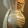 Stock 2024 Sparkly Rhinestones Chain Tassel Strapless Luxury Mini Dress Women Celebrate Party NightClub Performance Stage Outfit