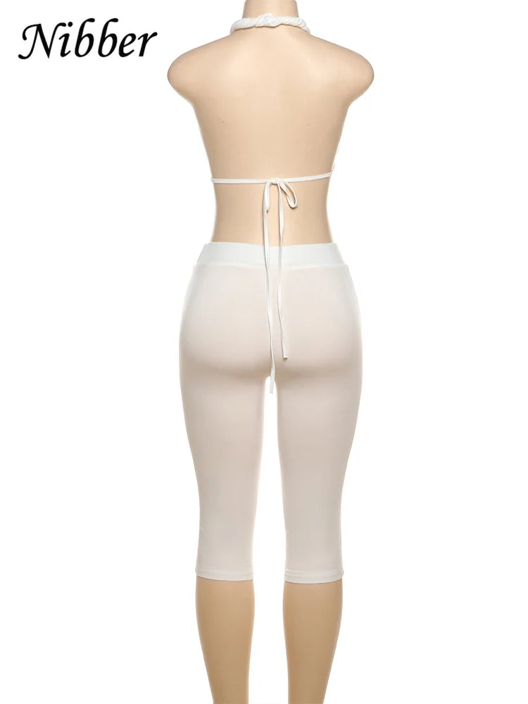 Nibber Sexy See Through Women 2 Piece Set Summer Trend Mesh Thin Whip Halter Tank Tops+Wide Waist Shorts Matching Street Outfits