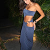 Weird Puss Metal Buckle Dress Women Irregular Hollow Split One Shoulder Skinny Ruched Waistless Midnight Clubwear Maxi Bodycon