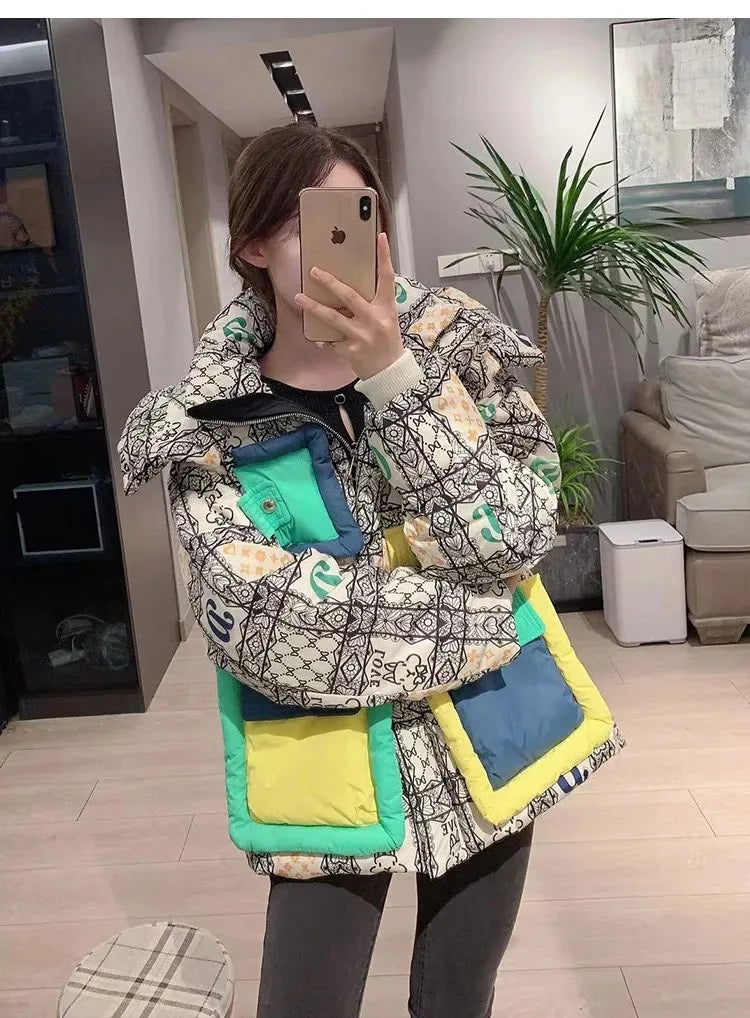 2023 European Station Winter New Down Jacket Women's Warm Fashion Short Color Patchwork Graffiti thick White Duck Down Coa