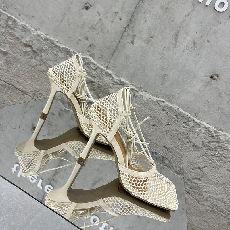 Aneikeh 2024 Summer Sexy Mesh Pumps Sandals Female Square Toe High Heel Lace Up Cross-Tied Stiletto Hollow Dress Party Shoes