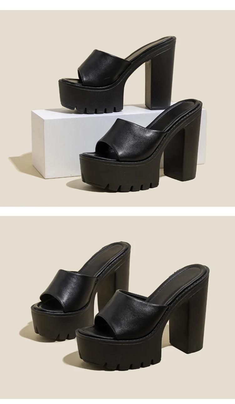 Eilyken Summer Fashion Women's Slippers Banquet Nightclub Platform Chunky High Heels Slide Mule Shoes Green White Sandals