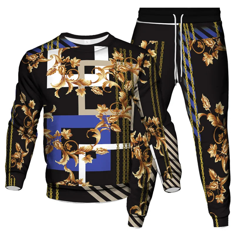 Vinatge Luxury Baroque Style Clothing Suit Men Jogging Pant Sweatshirt 2 Piece Set New Women Fashion Streetwear Tracksuit Set