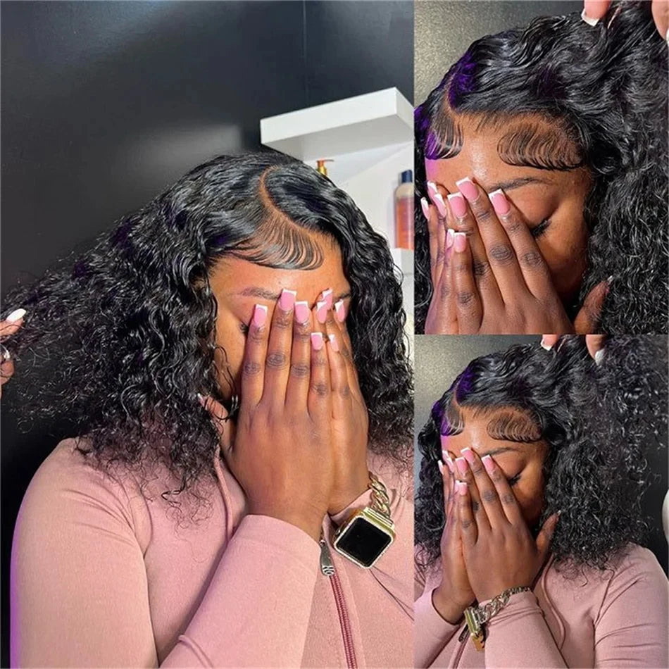 Brazilian Deep Water Wave Bob Wig 13x4 Lace Frontal Wig 100% Human Hair Short Curly 4x4 Closure Wig Preplucked Remy Hair 14 Inch
