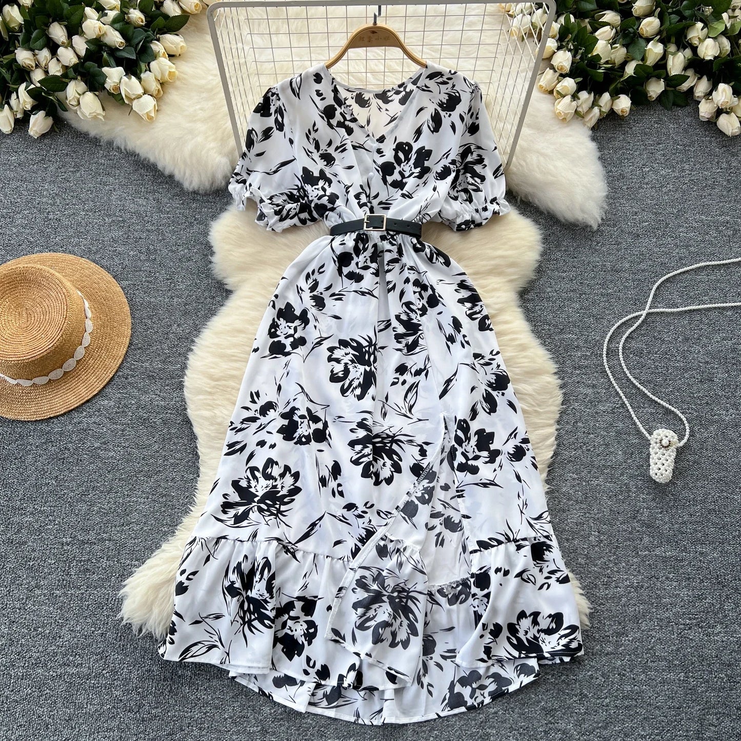 Summer Pleated Women Buttons Dresses Casual Beach Holiday Short Sleeve V Neck Woman Midi Dress Bohemian Mujer Vestidos