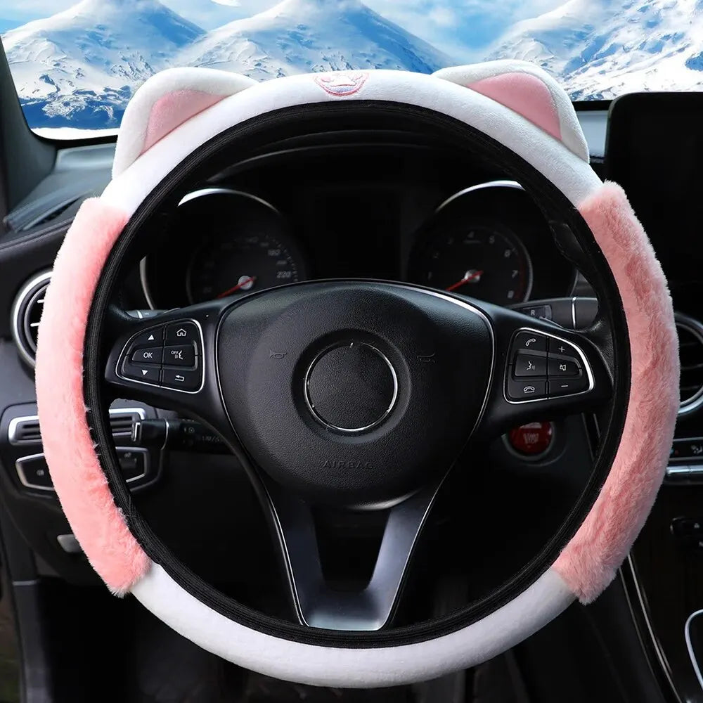 Cute Cartoon Plush Kitten Warm Car without Inner Ring Steering Wheel Cover Car Accessories Suitable for 14.5-15INCH