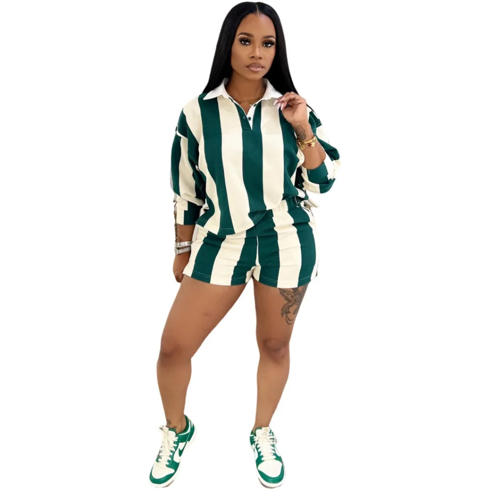 Women's Clothing Fashion Striped Sets Long Sleeve Polo-Neck T Shirt and Shorts 2025 Spring Summer 2 Two Piece Set Tracksuit