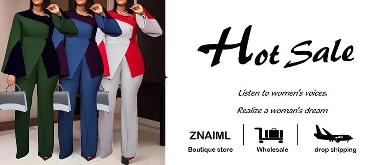 Znaiml Women's Fashion Patchwork Long Flare Sleeve Tops and Wide Leg Pants Blue Two 2 Piece Set Casual OL Work African Outfit