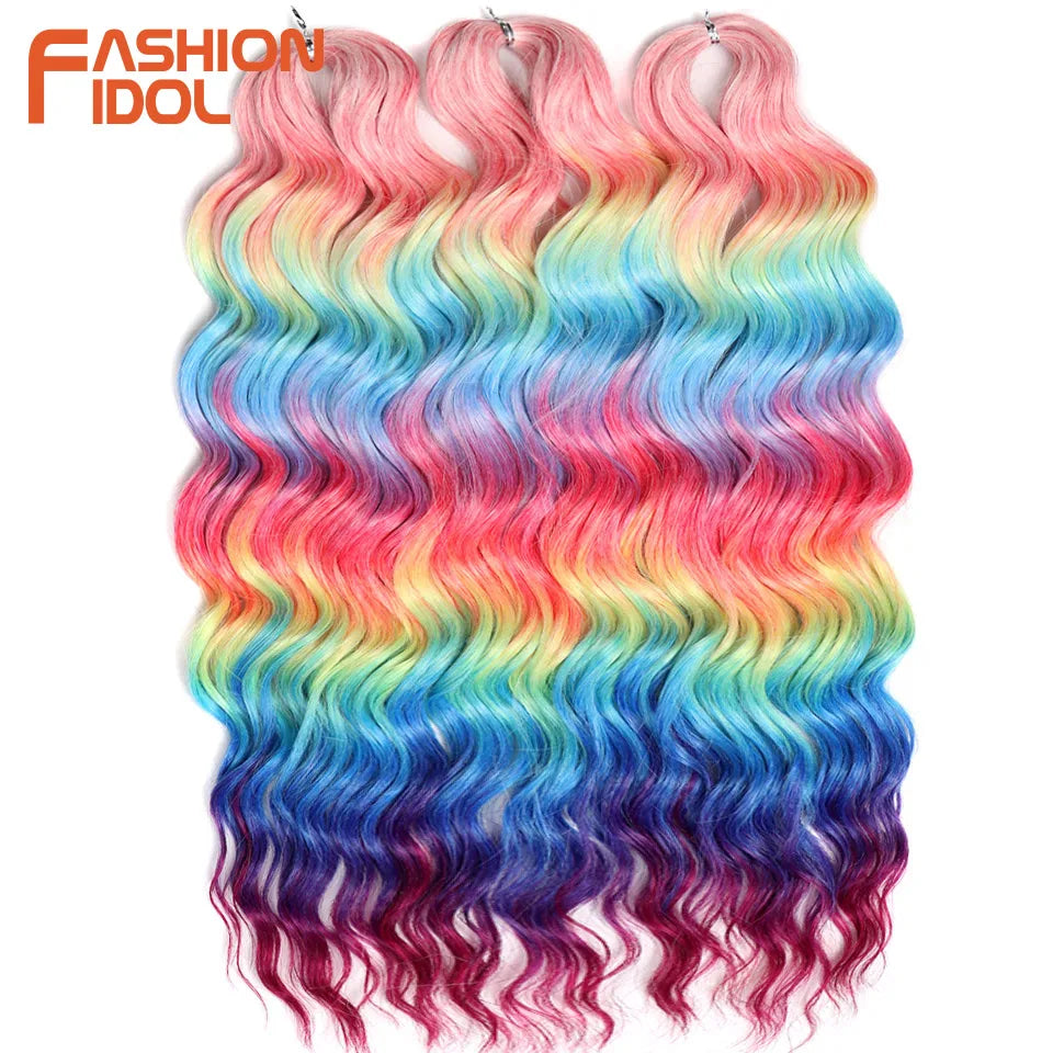 FASHION IDOL 24Inch Crochet Hair Synthetic Water Wave Braiding Hair Extensions Ombre Rainbow color Fake Hair Deep Wave Curl Hair