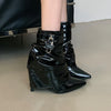 PU Leather Stiletto Womens Ankle Booties High Heel Pointed Toe Pumps Metal Buckle Side Zipper Sexy Fall Winter Shoes Black