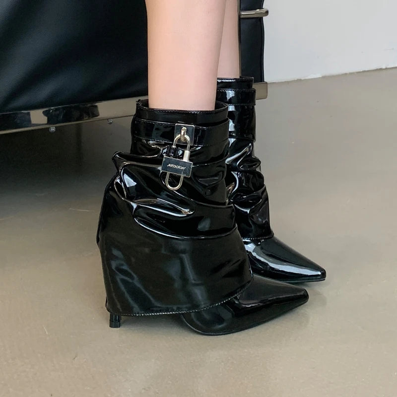 PU Leather Stiletto Womens Ankle Booties High Heel Pointed Toe Pumps Metal Buckle Side Zipper Sexy Fall Winter Shoes Black