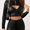 Chic Women's Faux Leather Jacket - Sexy Zip-Up Crop Top with Stand Collar, Long Sleeve, Solid Color -  PU Leather Jacket