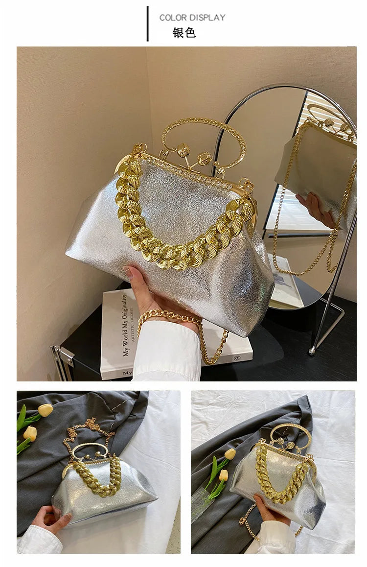 2024 Luxury Women Gold Green Chain Messenger Bags PU Leather Shoulder Bags Shell Clip Designer Handbag And Purse Wedding Clutch