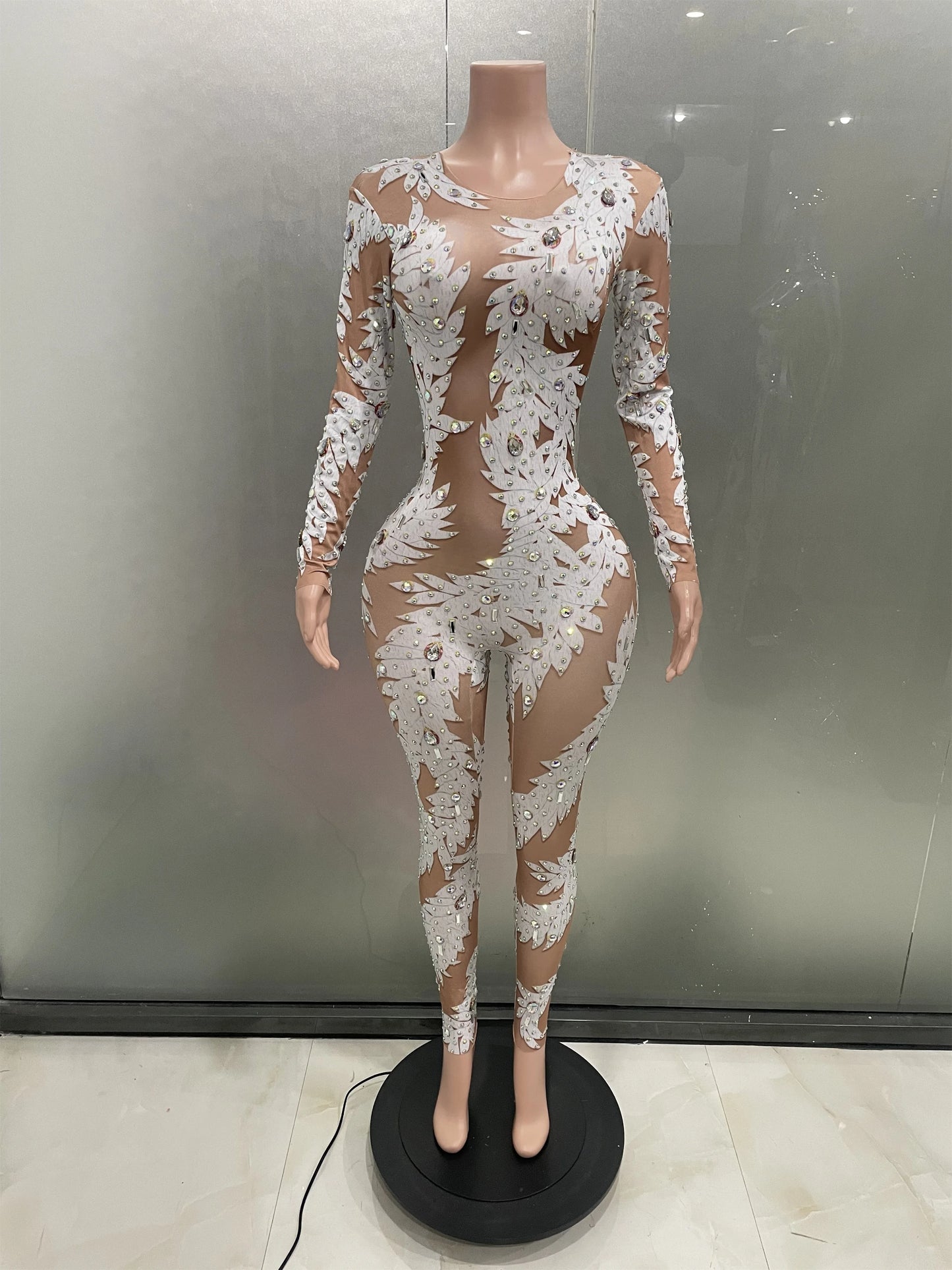 Sexy Crystal High Stretch Bodycon Long sleeve Jumpsuit Women Celebrate Nightclub Party club Performance Costume Stage Wear
