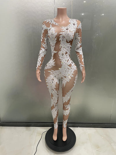 Sexy Crystal High Stretch Bodycon Long sleeve Jumpsuit Women Celebrate Nightclub Party club Performance Costume Stage Wear