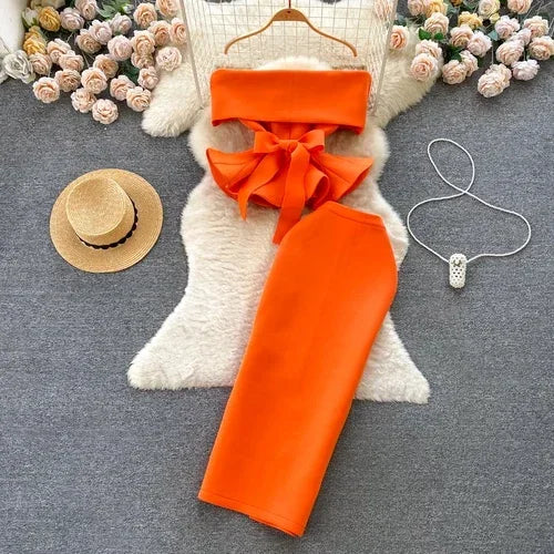 Women Vintage Two Pieces Skirt Sets Women Long Sleeve Sexy Slash Neck Bandage Ruffle Blouse Top and High Waist  Hip Wrap Skirt