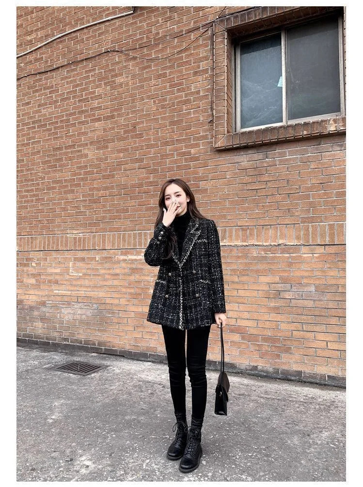 Tweed Plaid Suit Jacket Women Outwear Loose Mid-Length Double-Breasted Casual Woolen Blazer Top 2024 Spring Autumn New Chic Suit