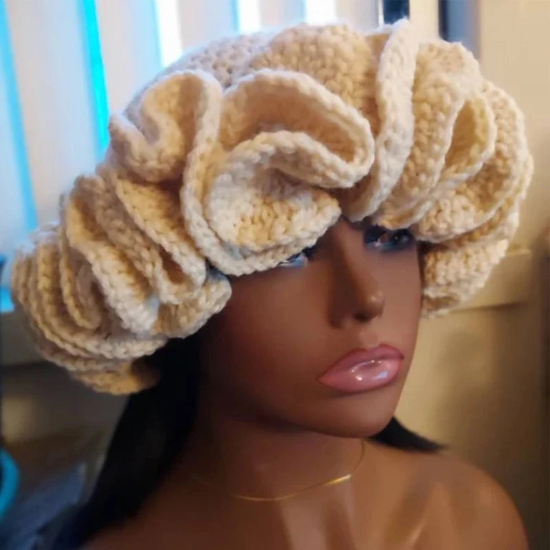 Handmade knitted hat with pleated ruffle edges and lace for both men and women, quirky and creative adult hat