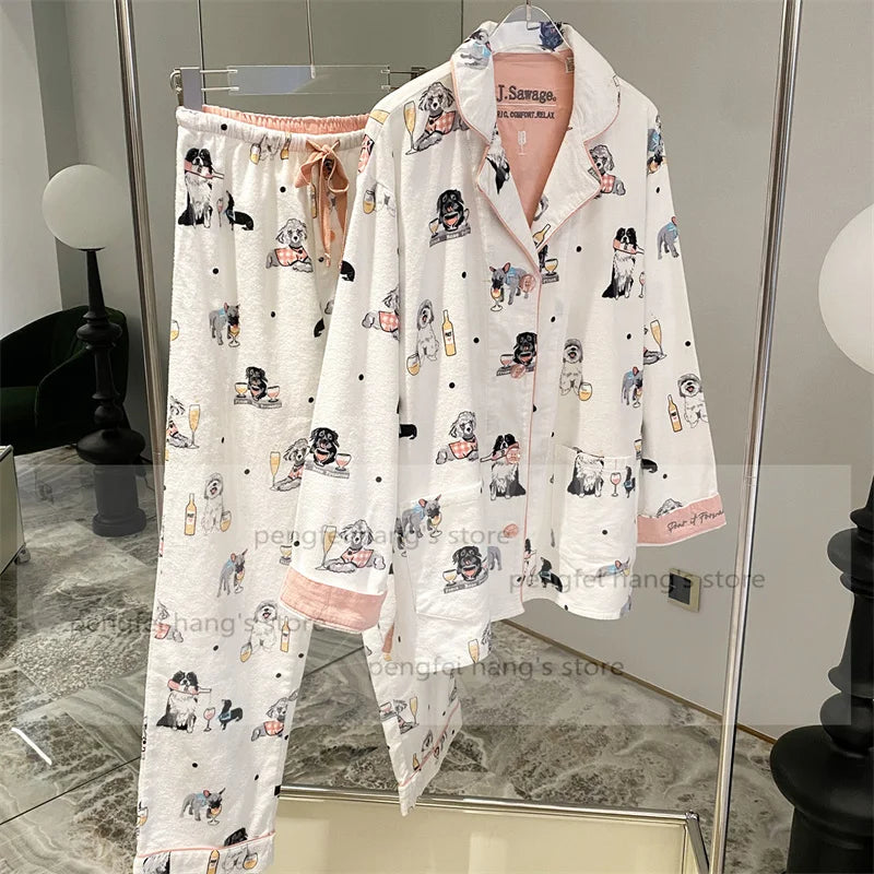 Pink Cartoon Print Pajamas Set Women Soft Sleepwear Cotton Shirt Pant Long Sleeve Autumn Home Clothing Christmas Party Gift