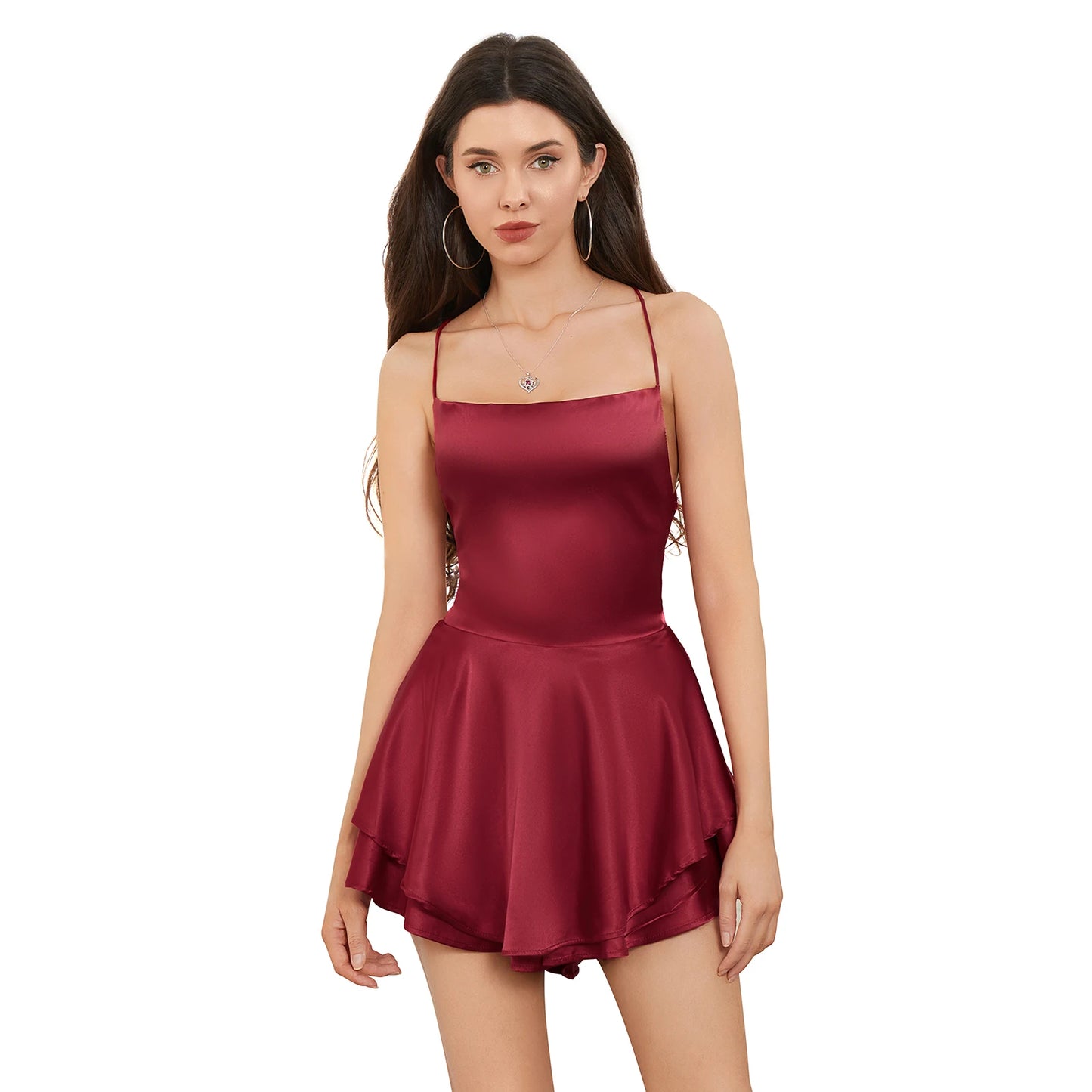 Women Solid Color Cami Playsuits Cowl Neck Sleeveless Short Jumpsuits Summer Cross Tie-Up Backless Satin Romper Clubwear