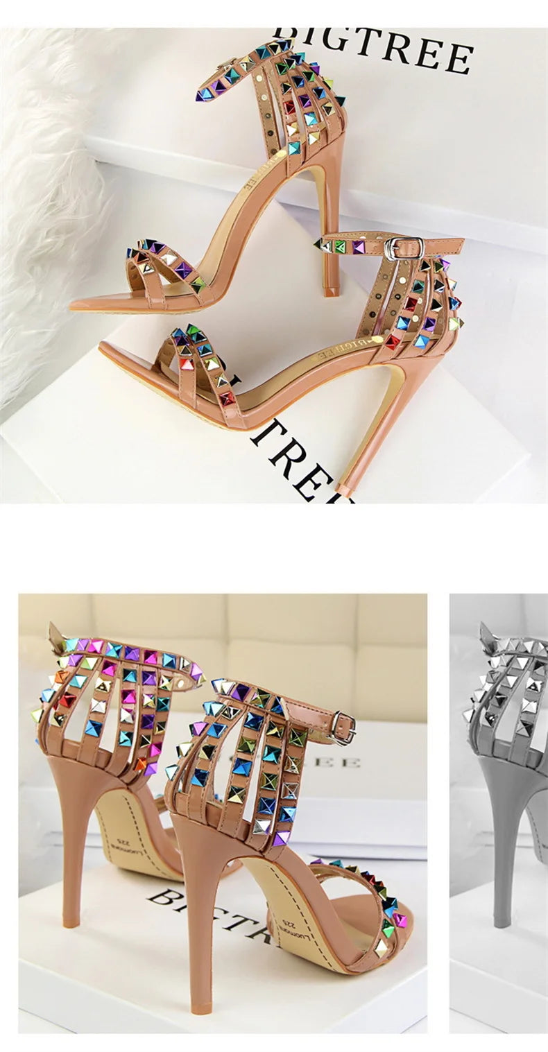 Summer Women Roman High Heels Rivets Studded Sandals Stiletto Gladiator Pumps Open Toe Luxury Shoes Hollow One-word Buckle 267-2
