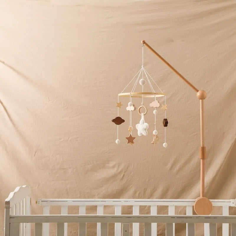 Baby Crib Mobile Bed Bell Rattle Toys Wooden Crochet Stars Pendant Bed Bell Toys Newborn Comfort Crib Bracket Hanging Toys Gifts