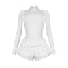 CM.YAYA Women Long Sleeve Lace Ruffles Ruched High Waist Short Jumpsuit Streetwear Backless Street One Piece Romper Playsuit