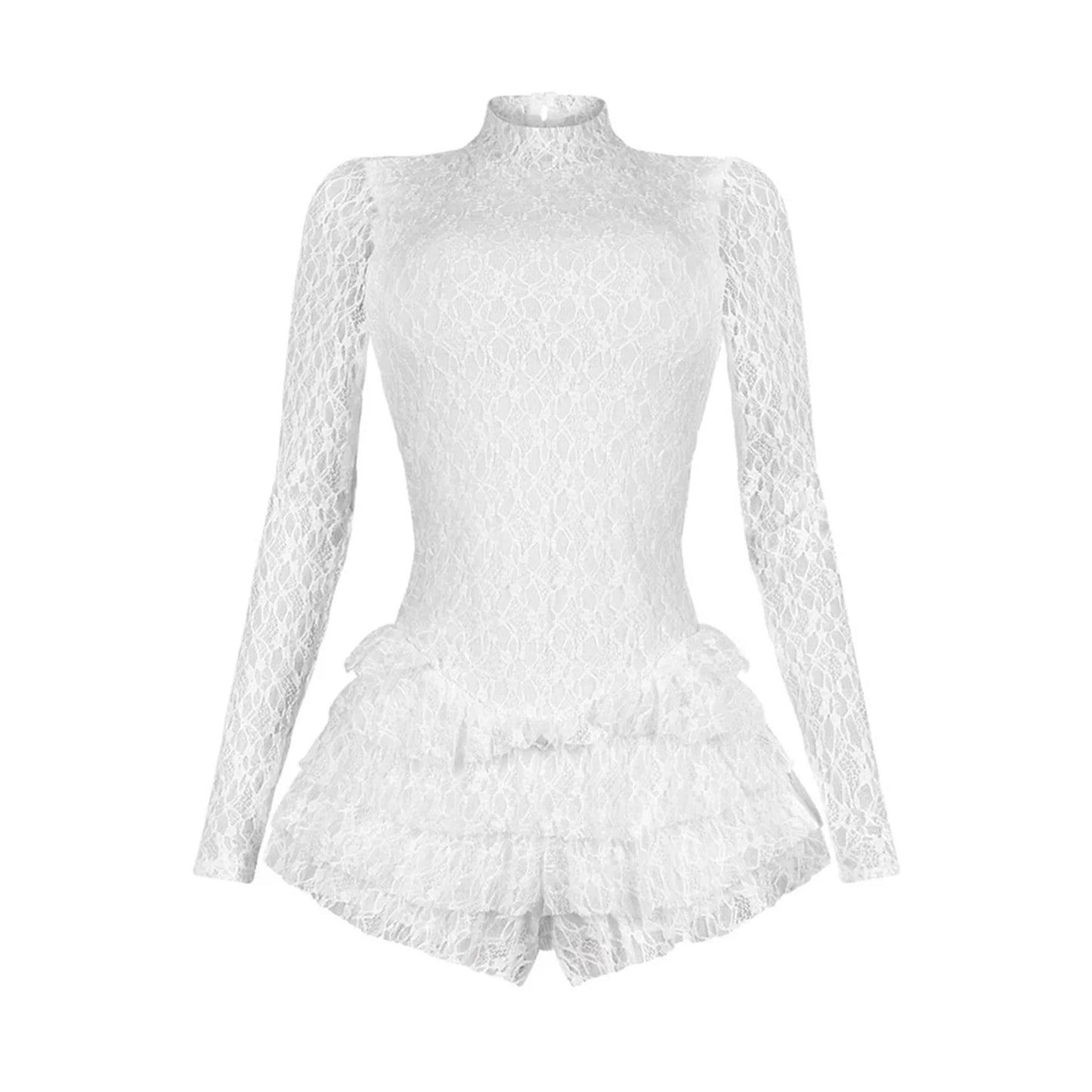 CM.YAYA Women Long Sleeve Lace Ruffles Ruched High Waist Short Jumpsuit Streetwear Backless Street One Piece Romper Playsuit