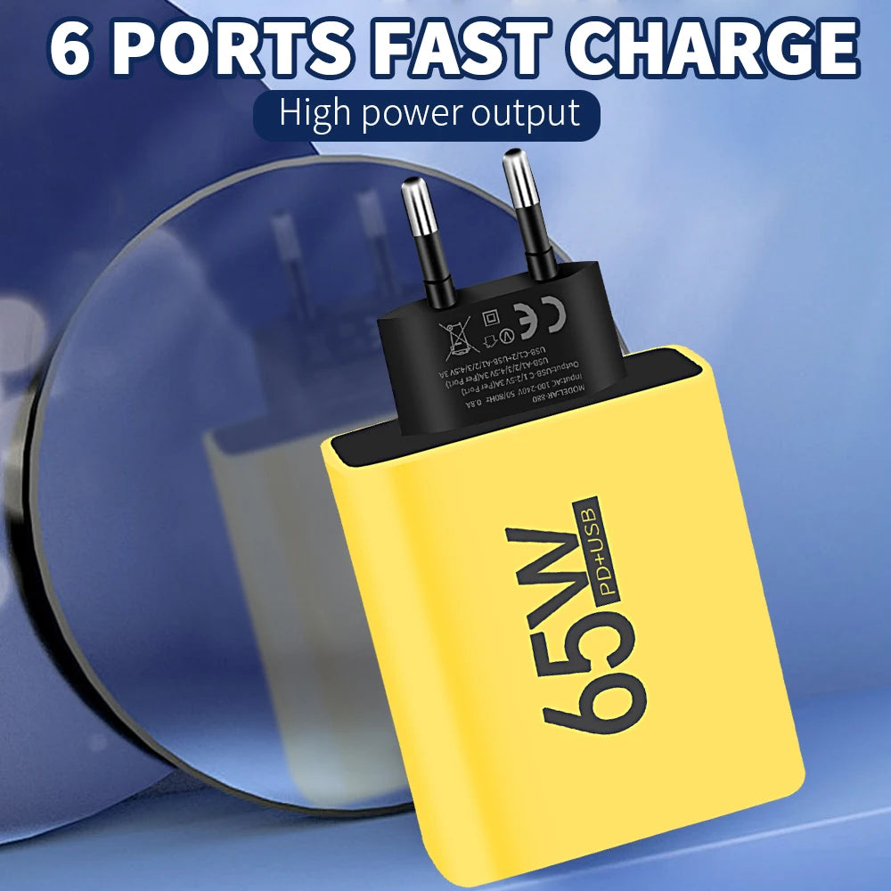 65W USB C Charger 6 Ports Fast Charging Wall Charger for iPhone 15 14 Pro Max Samsung Galaxy S23 Xiaomi 14 Mobile Phone Charger