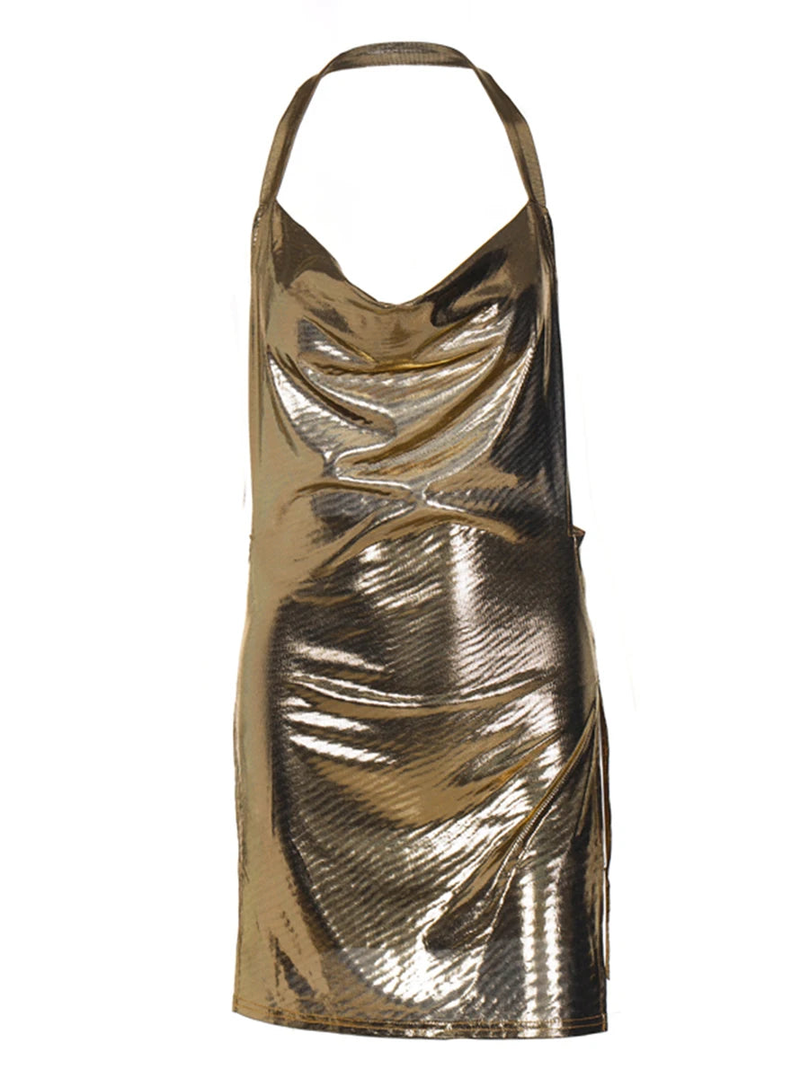 Sexy Sparkly Dress Halter V Neck Cami Mini Bodycon Club Party Dress Glitter Sleeveless High Slit Dress