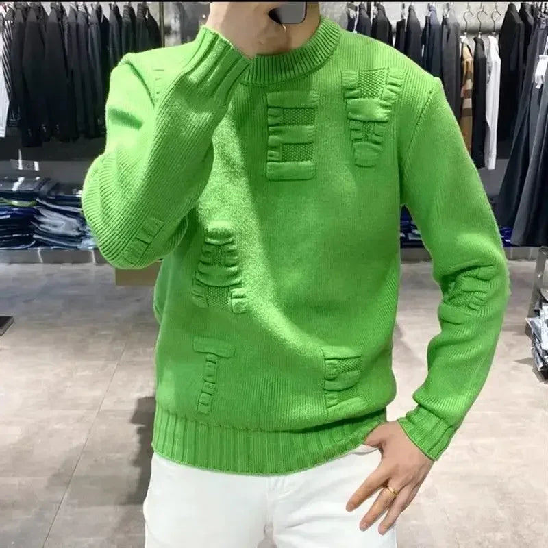 Men's Clothing Green Knit Sweater Male Letter Plain Solid Color Pullovers Sheap Korean Fashion Classic Jumpers A Overfit Heated
