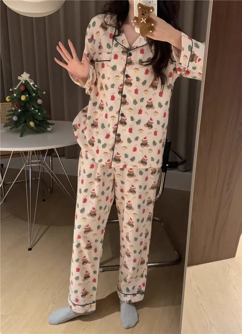 Christmas PJ Set Women Autumn Female Homewear Long Sleeves Button Sleepwear Pajamas Pants Pajama Sets Kawaii Y2K Girls Nightwear