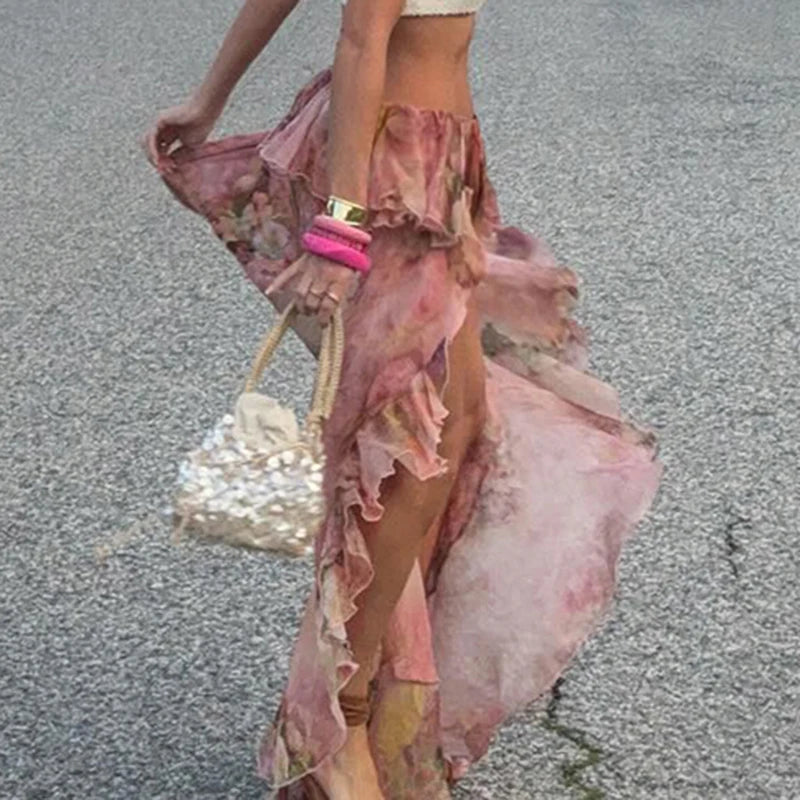 BIIKPIIK Vacation Ruffles Skirts Fashion Floral Print Vintage Elegant Women Skirts Designed Semi-perspective Sexy Holiday Bottom