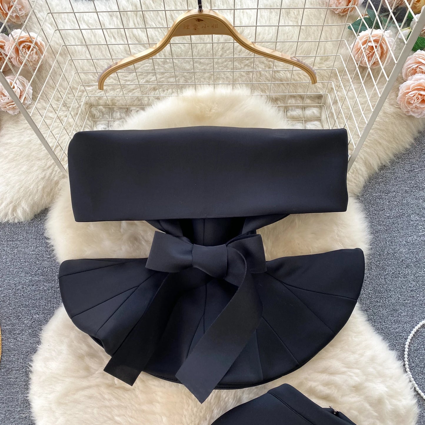 Women Vintage Two Pieces Skirt Sets Women Long Sleeve Sexy Slash Neck Bandage Ruffle Blouse Top and High Waist  Hip Wrap Skirt