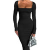Autumn and Winter Women Sexy Bodycon Dress Square Neck Long Sleeved Ladies Evening Dresses